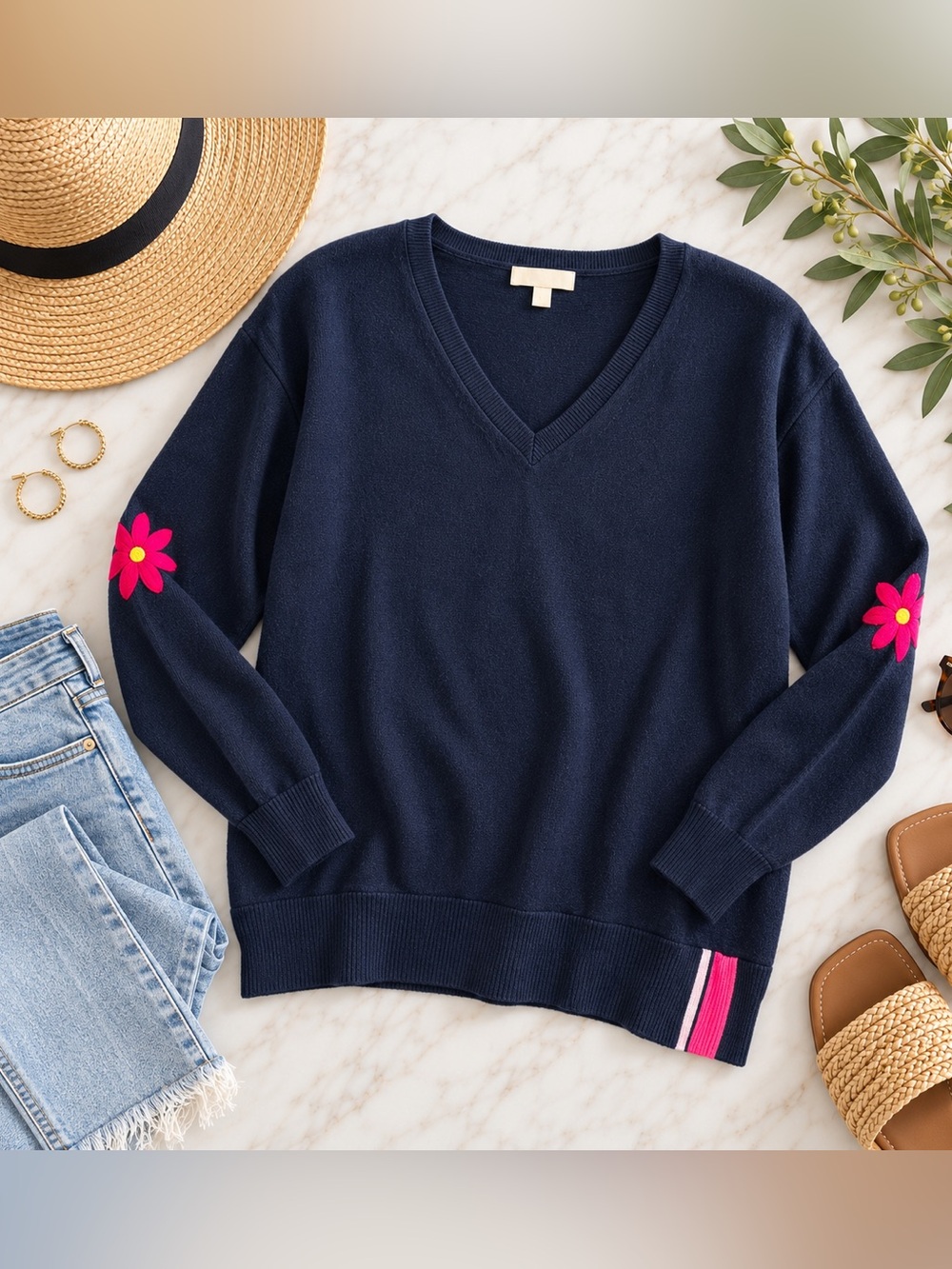 Lisa Todd Women’s Navy V-Neck Sweater with Pink Flower Accents Large